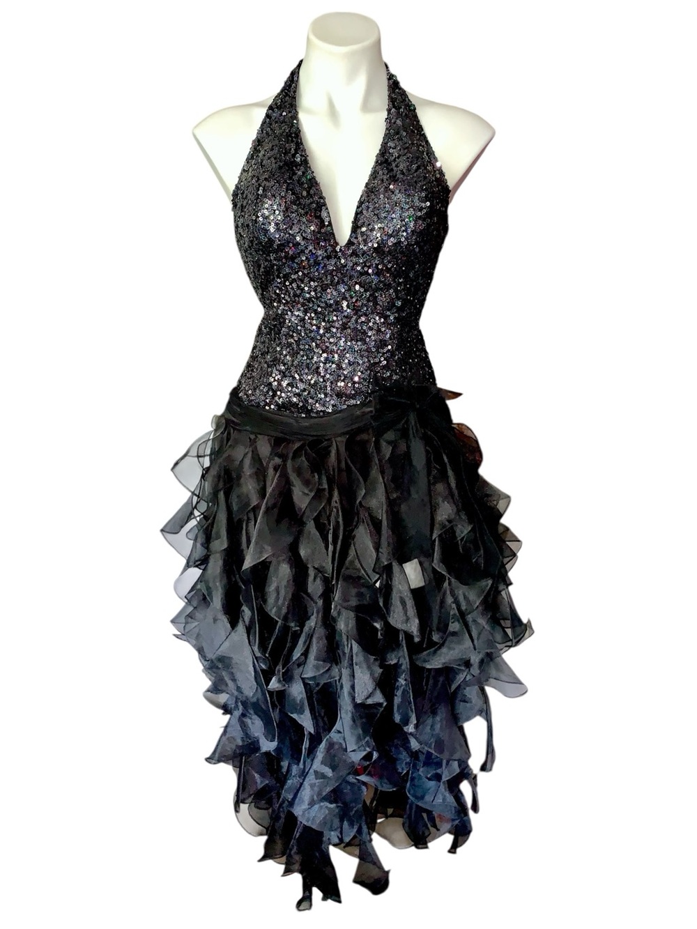 Jovani Black Sequin Halter Tulle Ruffle Dress Mermaid Prom Gown